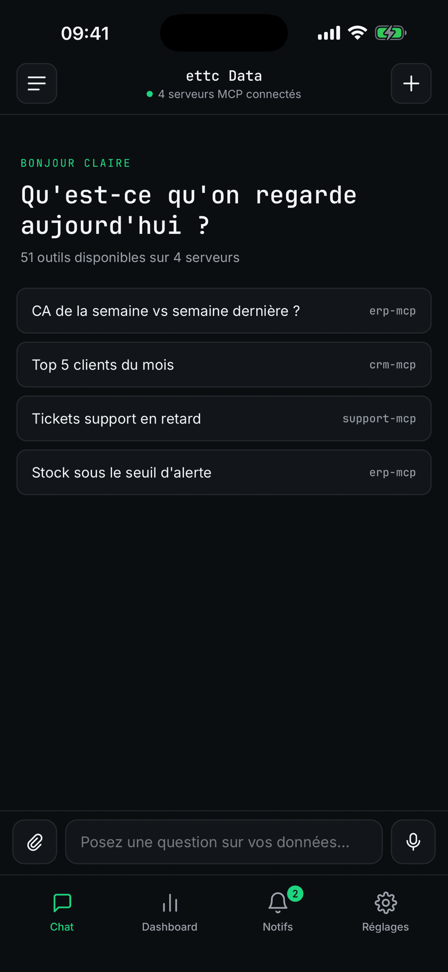 Écran d'accueil de l'assistant avec quatre questions suggérées, chacune associée à la source de données qui y répond.